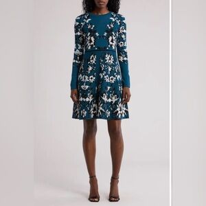 NWOT Eliza J Floral Long Sleeve Fit & Flare Green Floral Sweater Dress